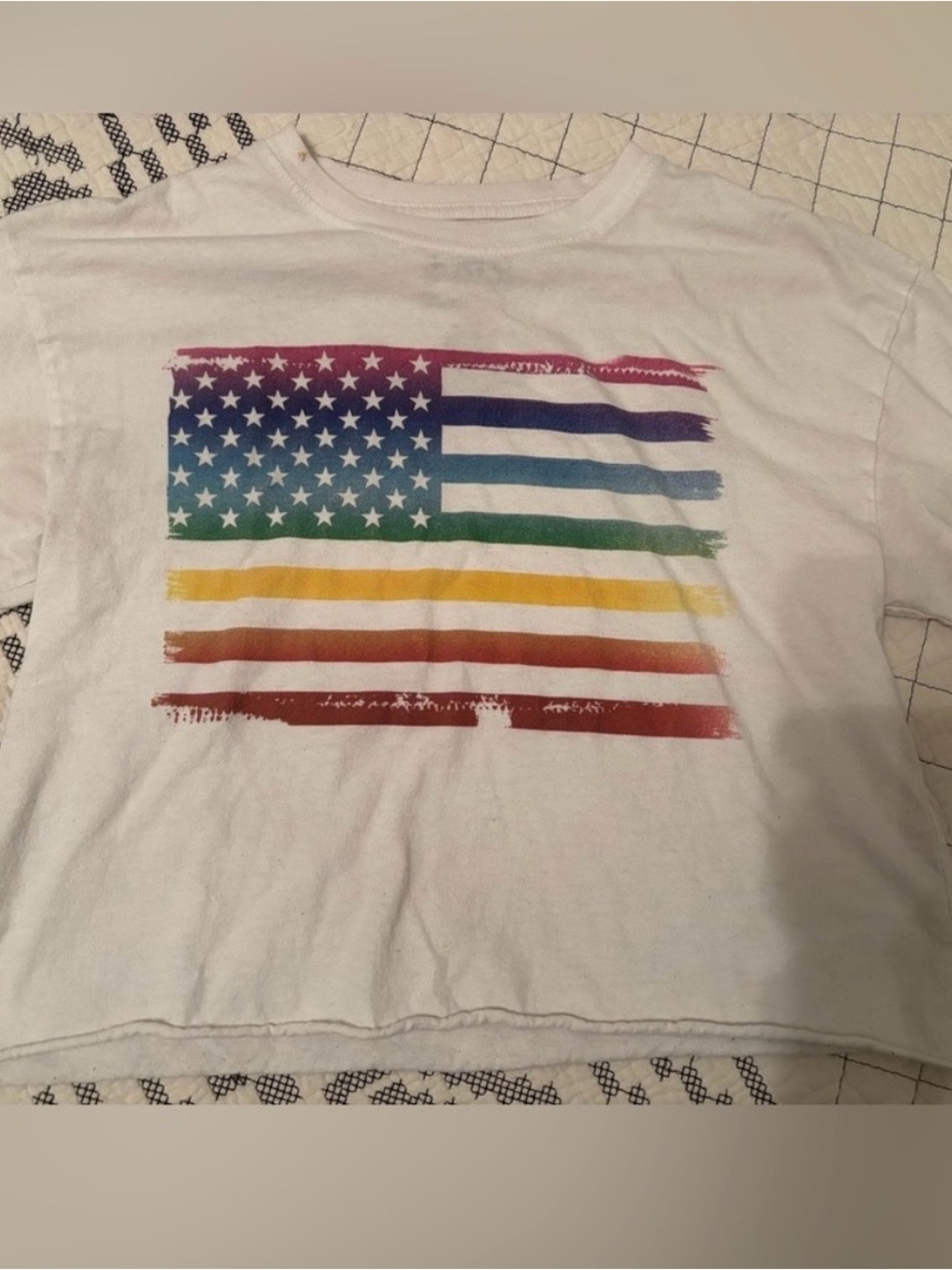 Modern Lux White Tee with Rainbow American Flag Graphic XS